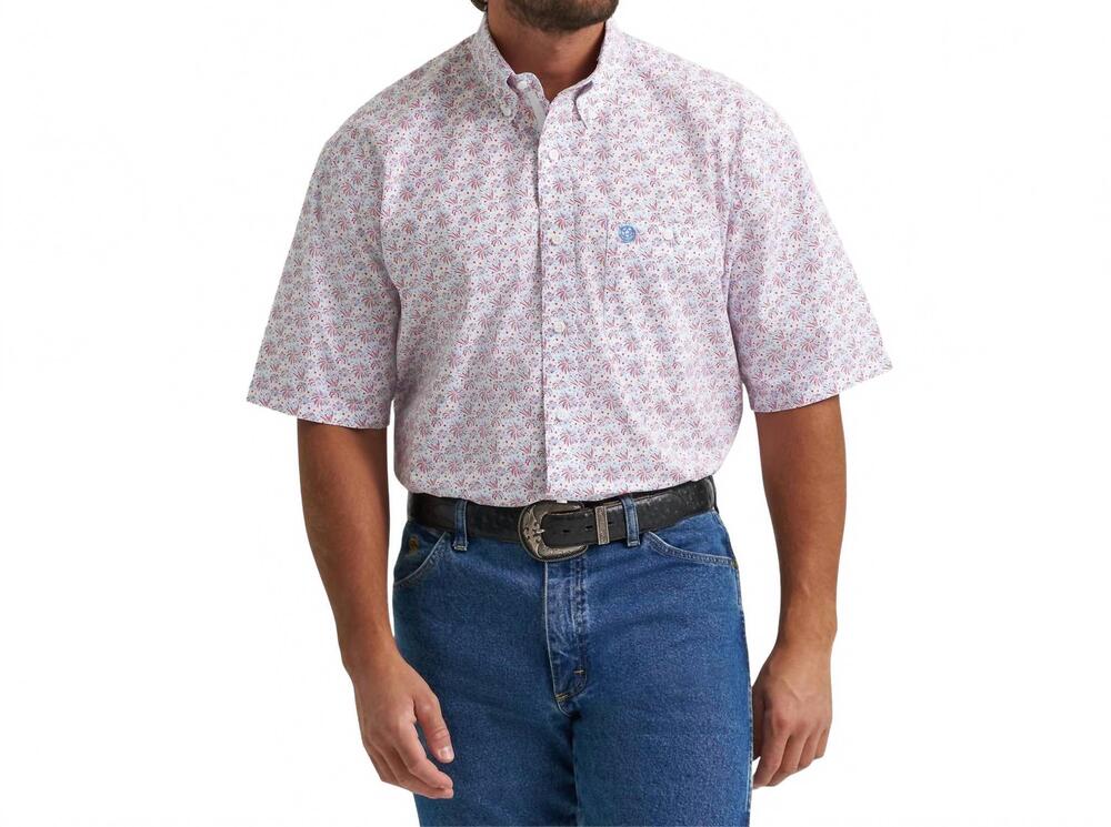 NEW WRANGLER short sleeve button down shirt in white with fireworks